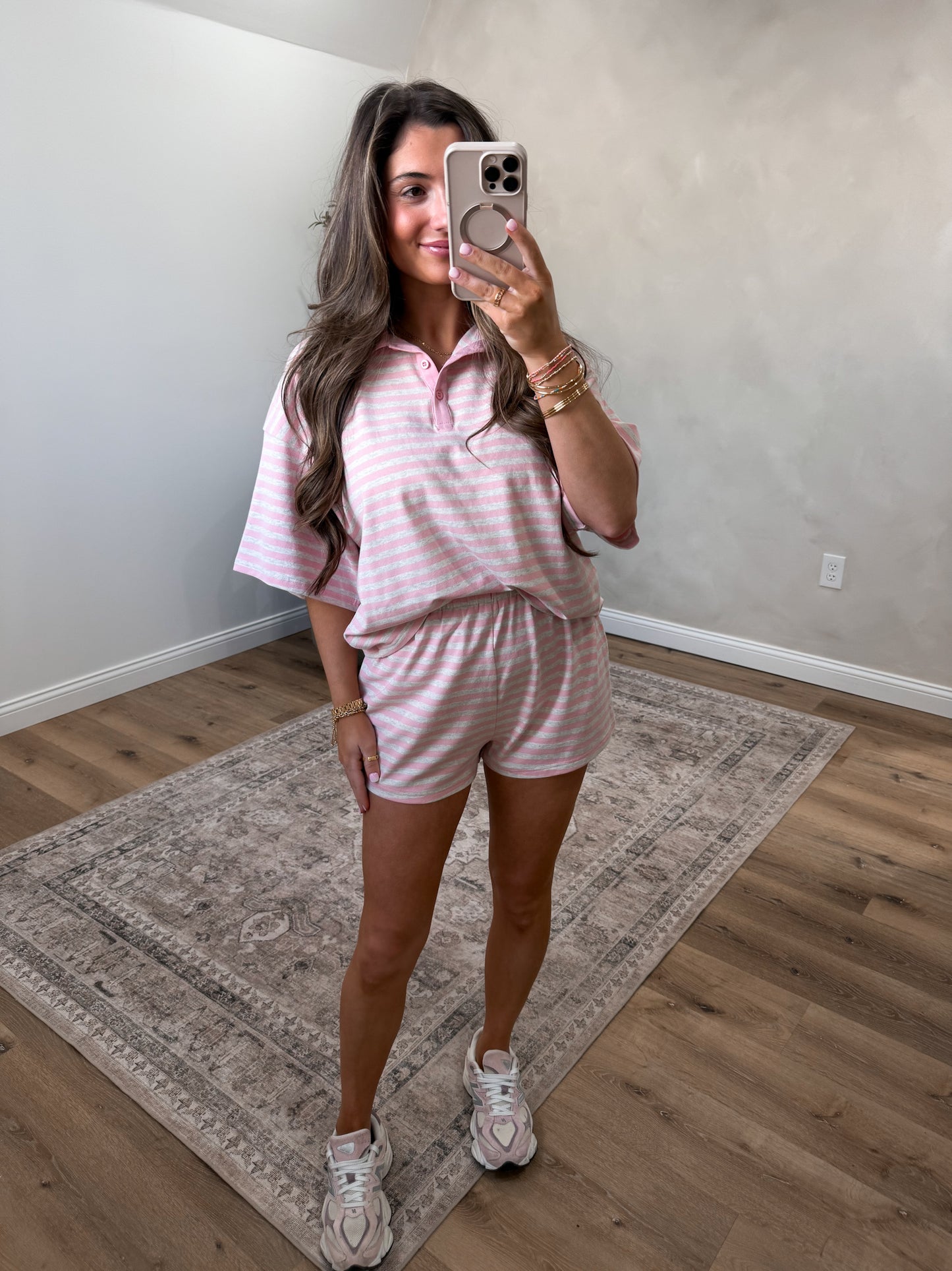 Spring Breeze Striped Shorts Set - pink/grey