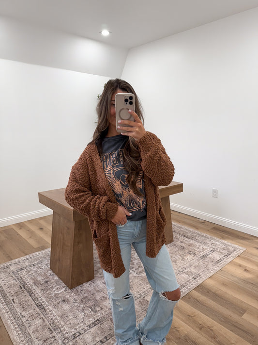 Long Sleeve Popcorn Sweater Cardigan With Pockets- deep camel