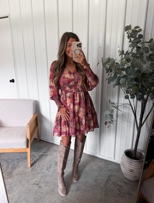 Plumeria Long Sleeve Floral MIni Dress