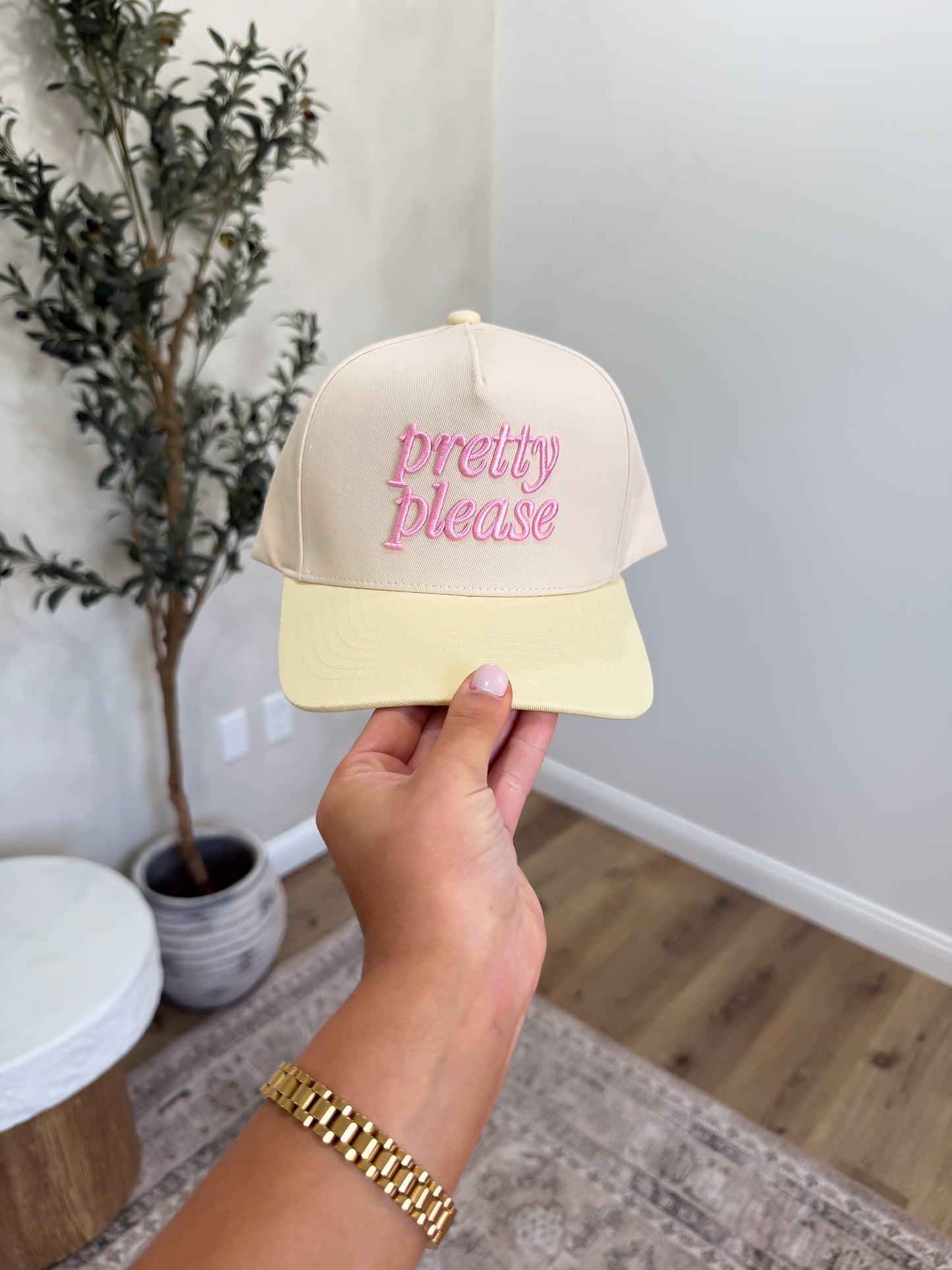 Pretty Please Embroidered Trucker Hat - pink/yellow