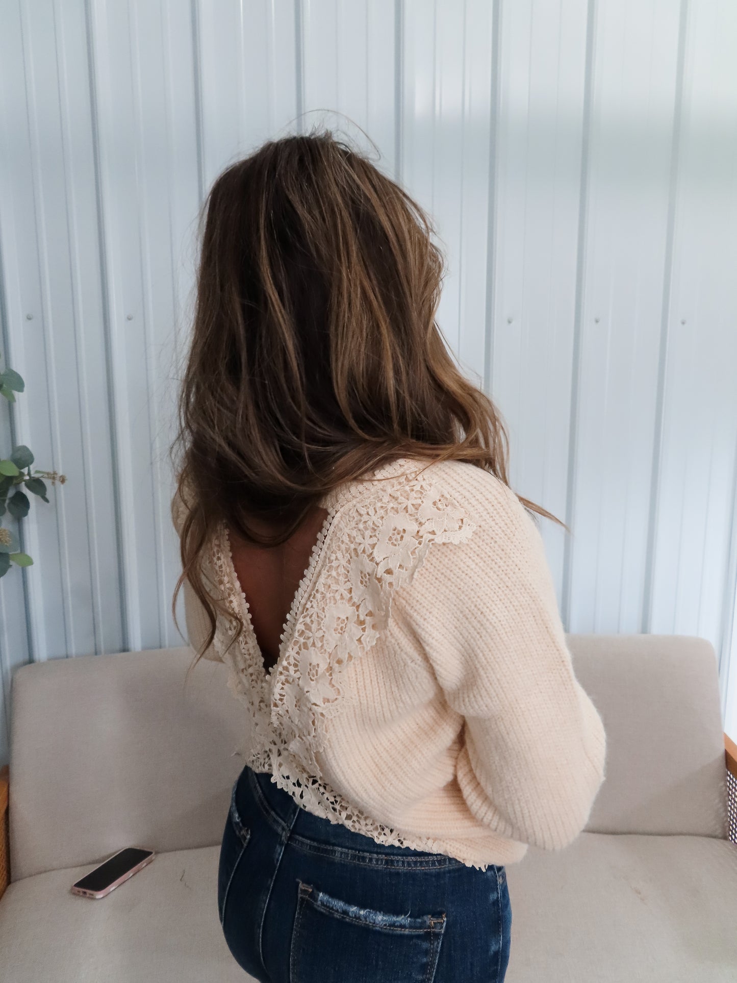 Lace Trim Open Back Sweater