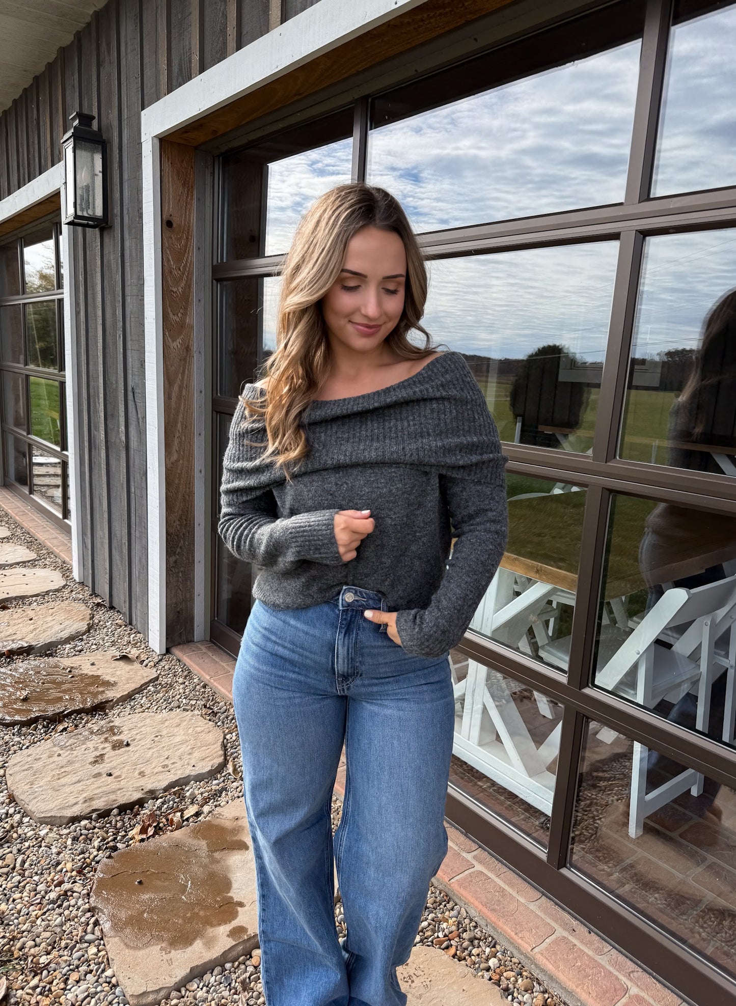 Roll Over Off The Shoulder Wool Blend Sweater- Grey