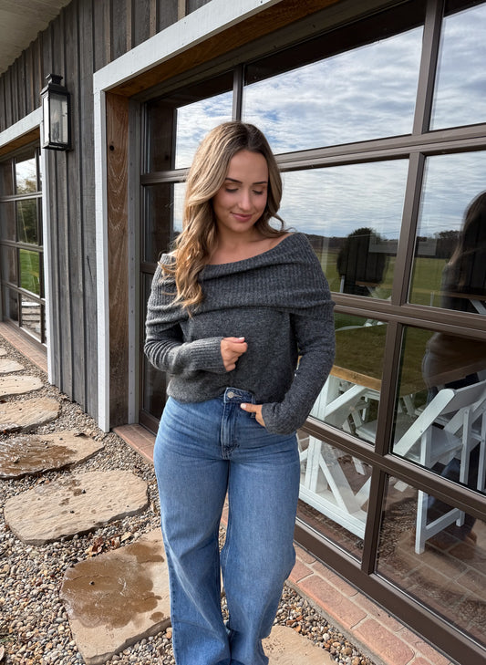 Roll Over Off The Shoulder Wool Blend Sweater- Grey