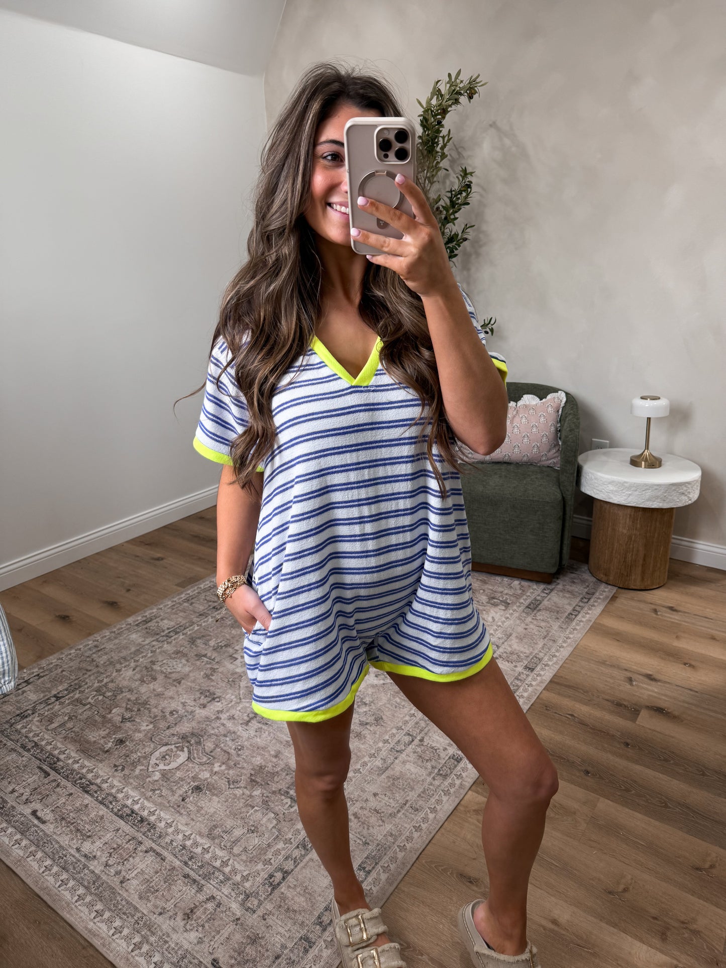 By the pool romper- Blue striped/Neon