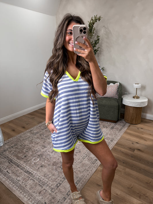 By the pool romper- Blue striped/Neon