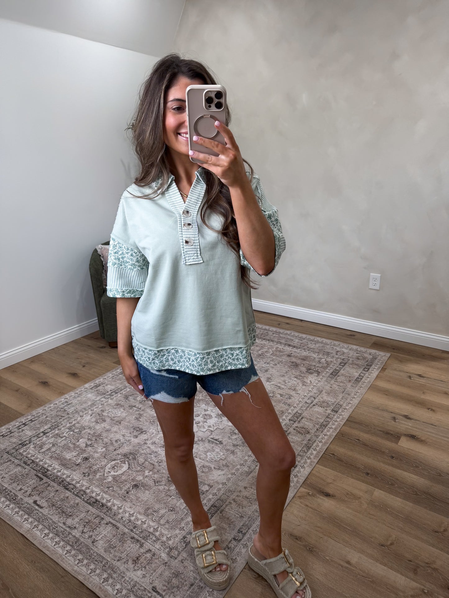The Blair Button Down Knit Top - sage