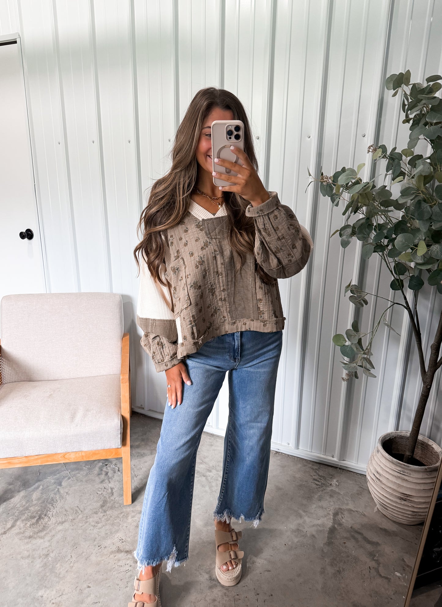 Carolina Mixed Gauze Pullover- Olive multi