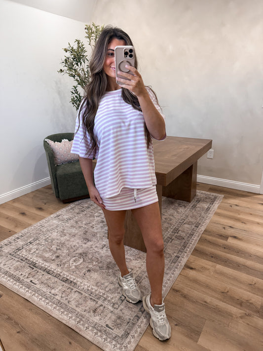 The Angelica Striped Oversized Tee & Skort Set - pink/white *PREORDER FOR 5/5*