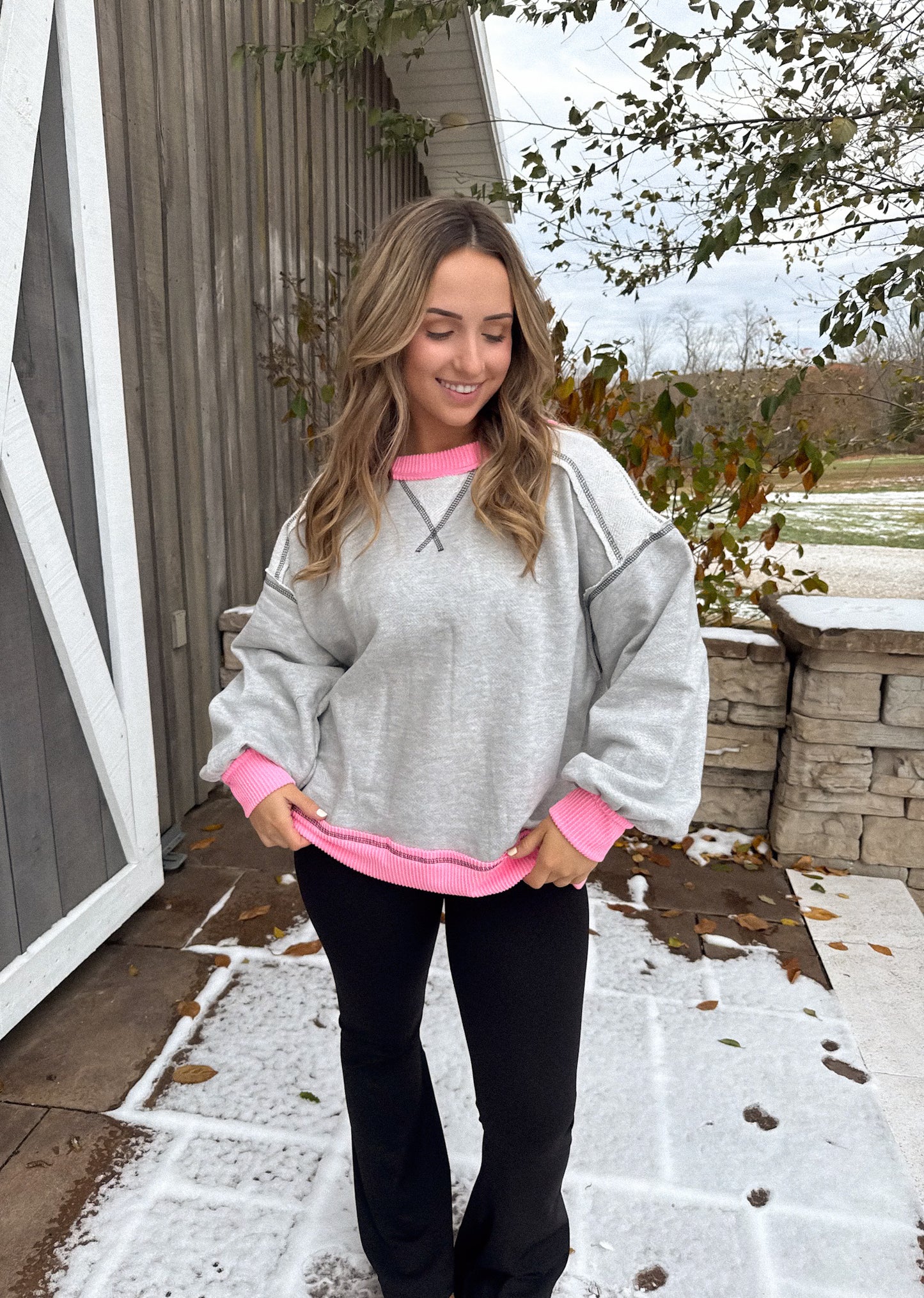 Contrast Reverse Stitched Pullover- Pink/Grey