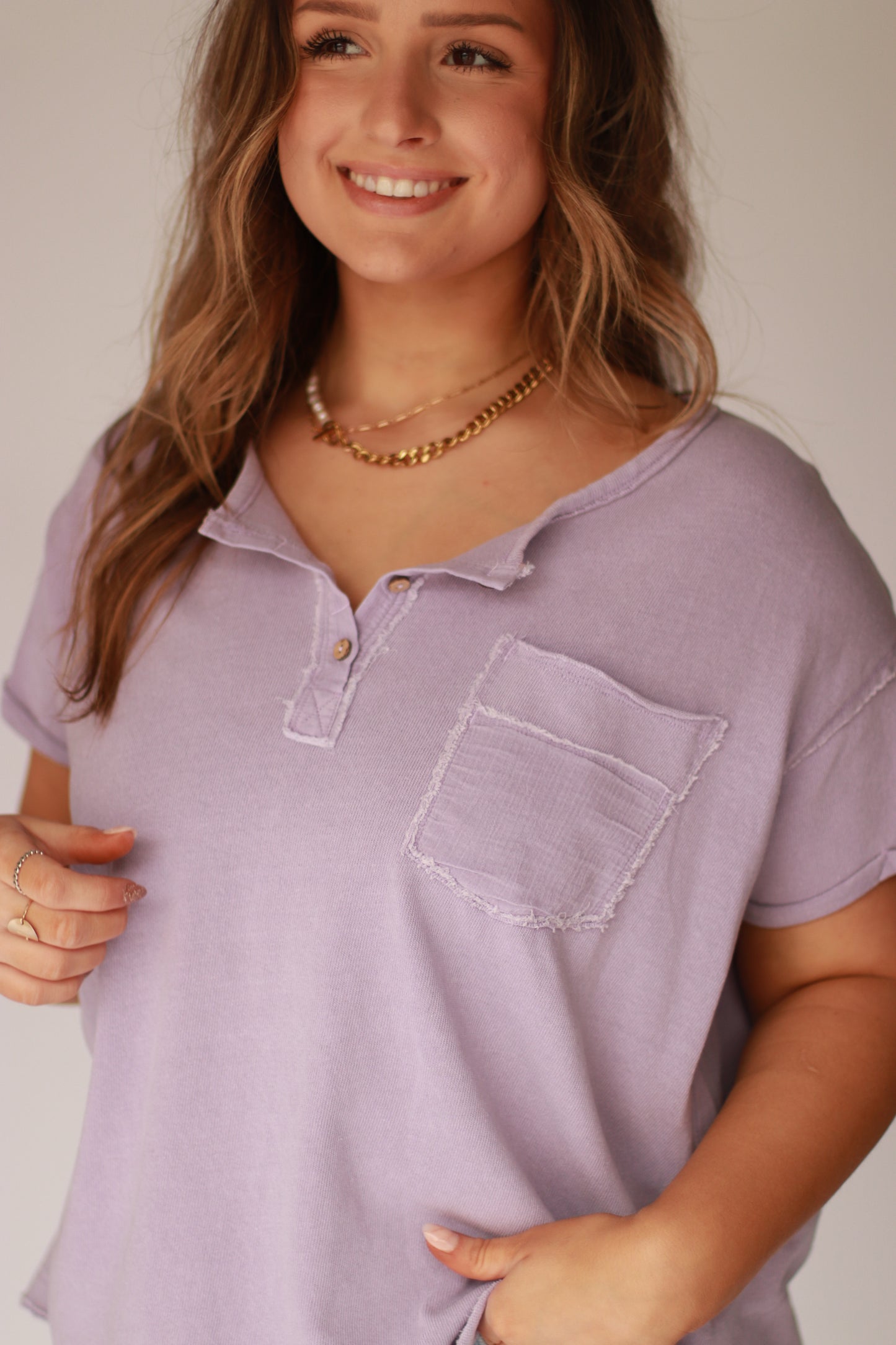 Garment washed short sleeve henley- lavender