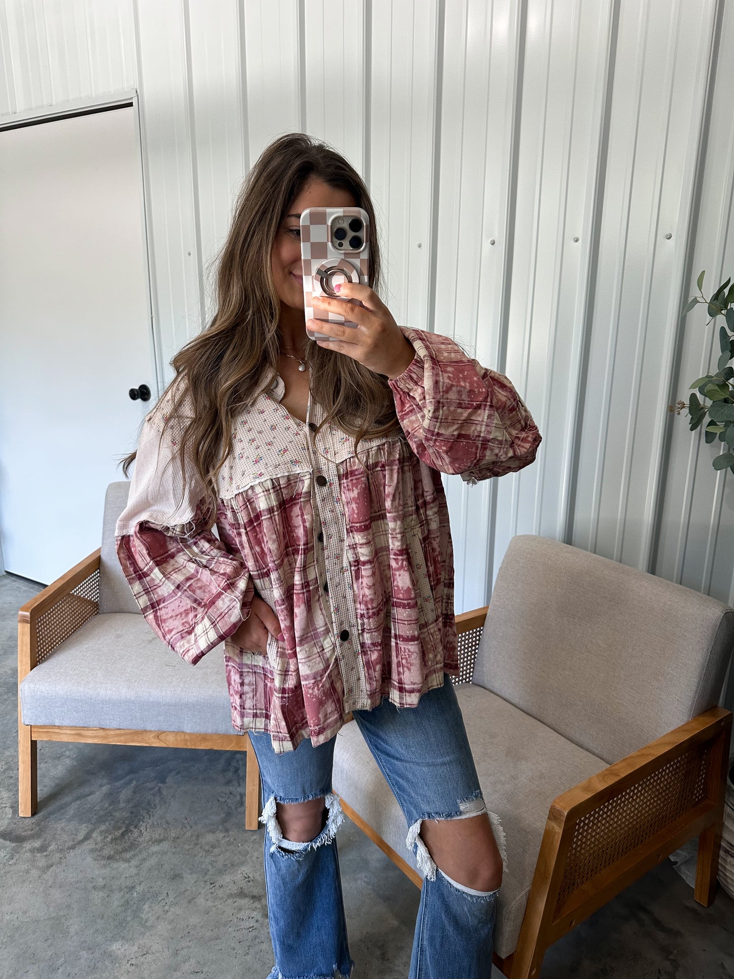 Penelope Plaid Printed Balloon Sleeve Blouse