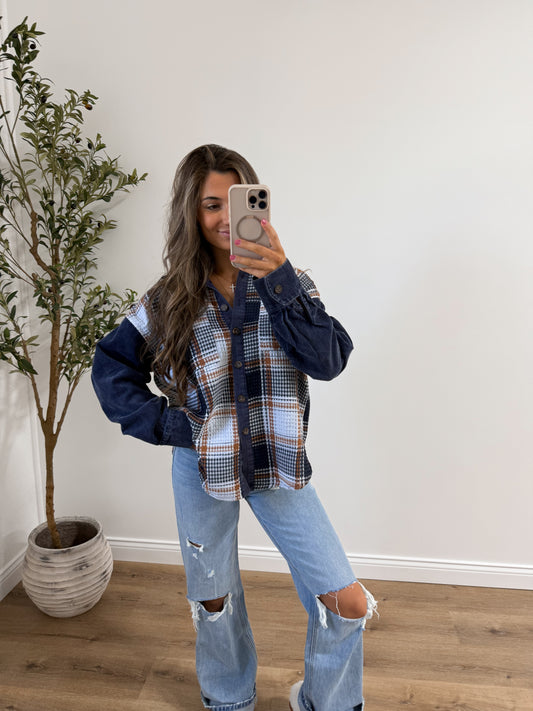 navy and camel Waffle Texture Plaid Corduroy Mixed Shacket