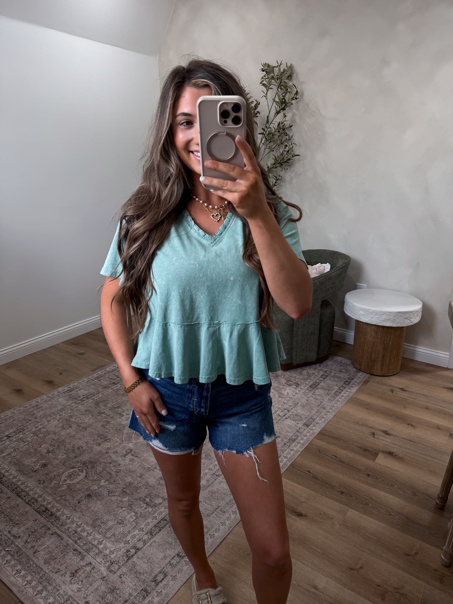 Everly Lace Trim Mineral Washed Knit Top - sage