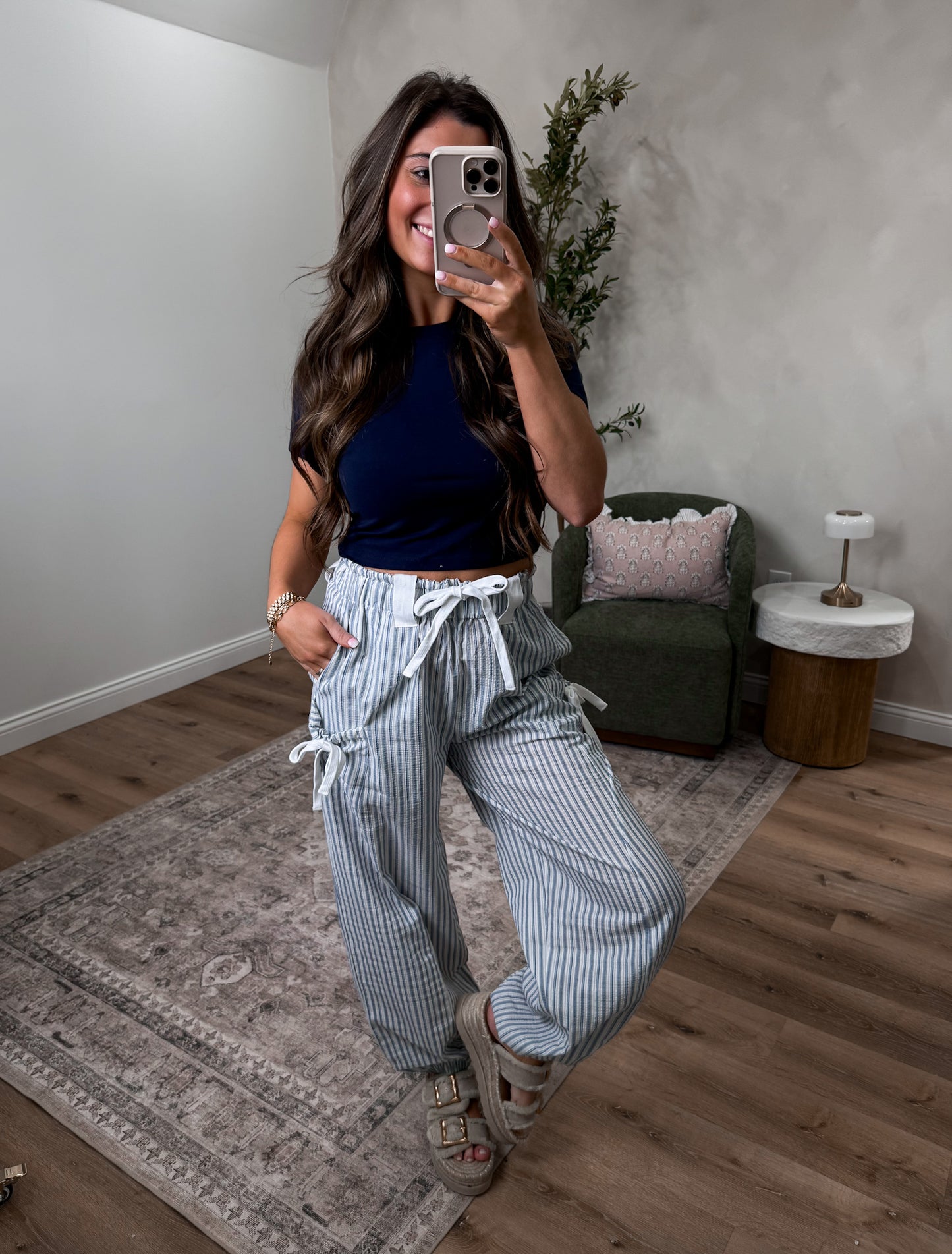 Baylynn Bow Detail Striped Pants - blue/denim