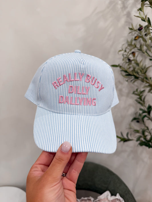Really Busy Dill Dallying Striped Trucker Hat - light blue