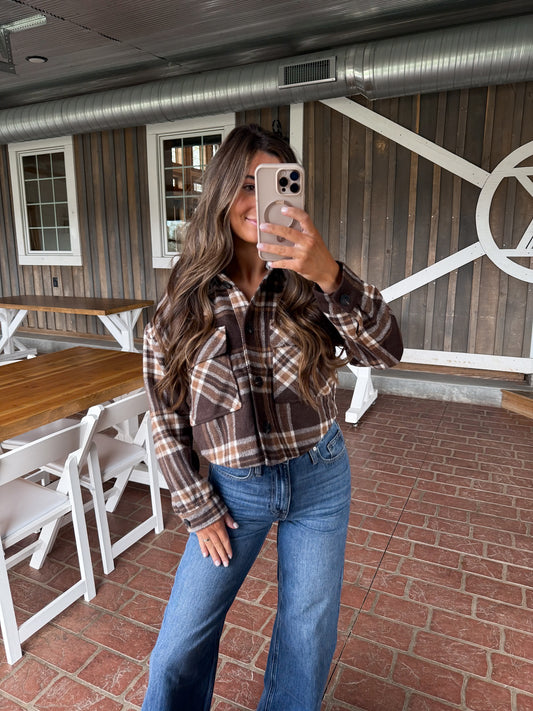 Cropped Plaid Shacket With Detachable Hood- Brown