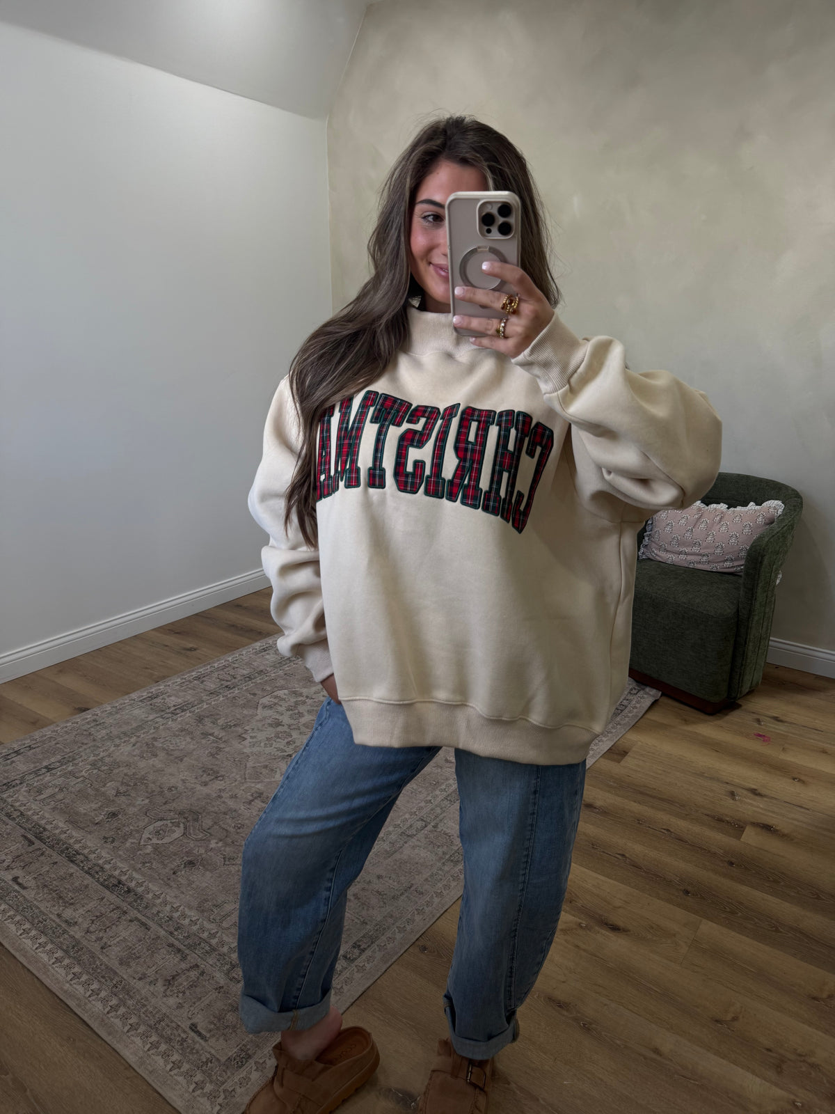 CHRISTMAS Plaid Mock Neck Pullover - oatmeal