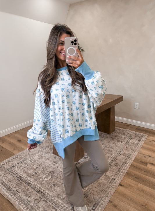 Claire Floral Striped Pullover - Blue