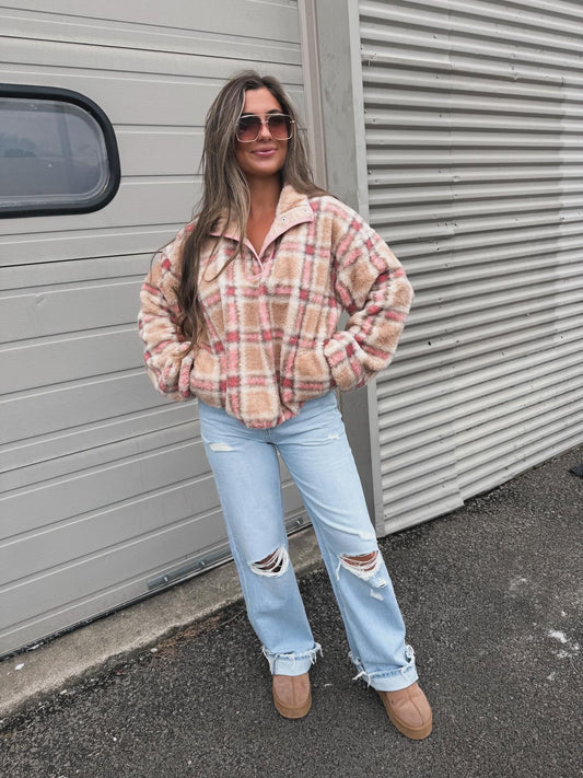 DayTrip Plaid Sherpa Pullover - blush multi