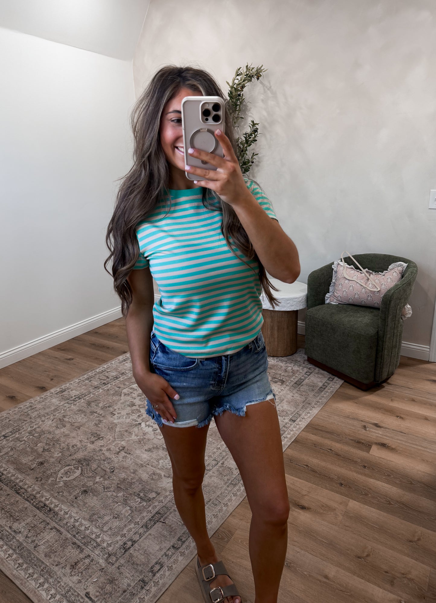 Brooklyn Contrast Striped Tee - teal/mocha