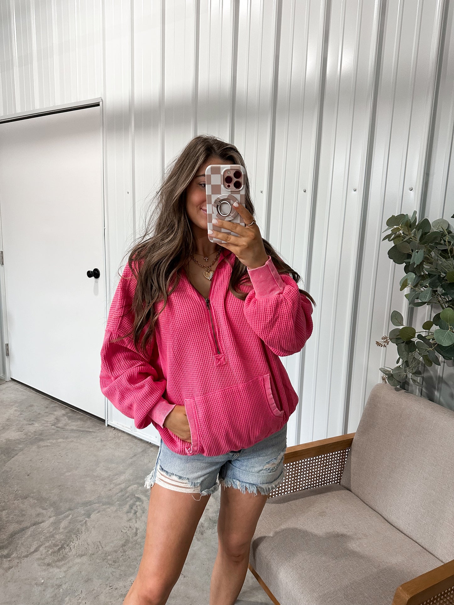 Vintage Washed Waffle Half Zip Hoodie- fuchsia