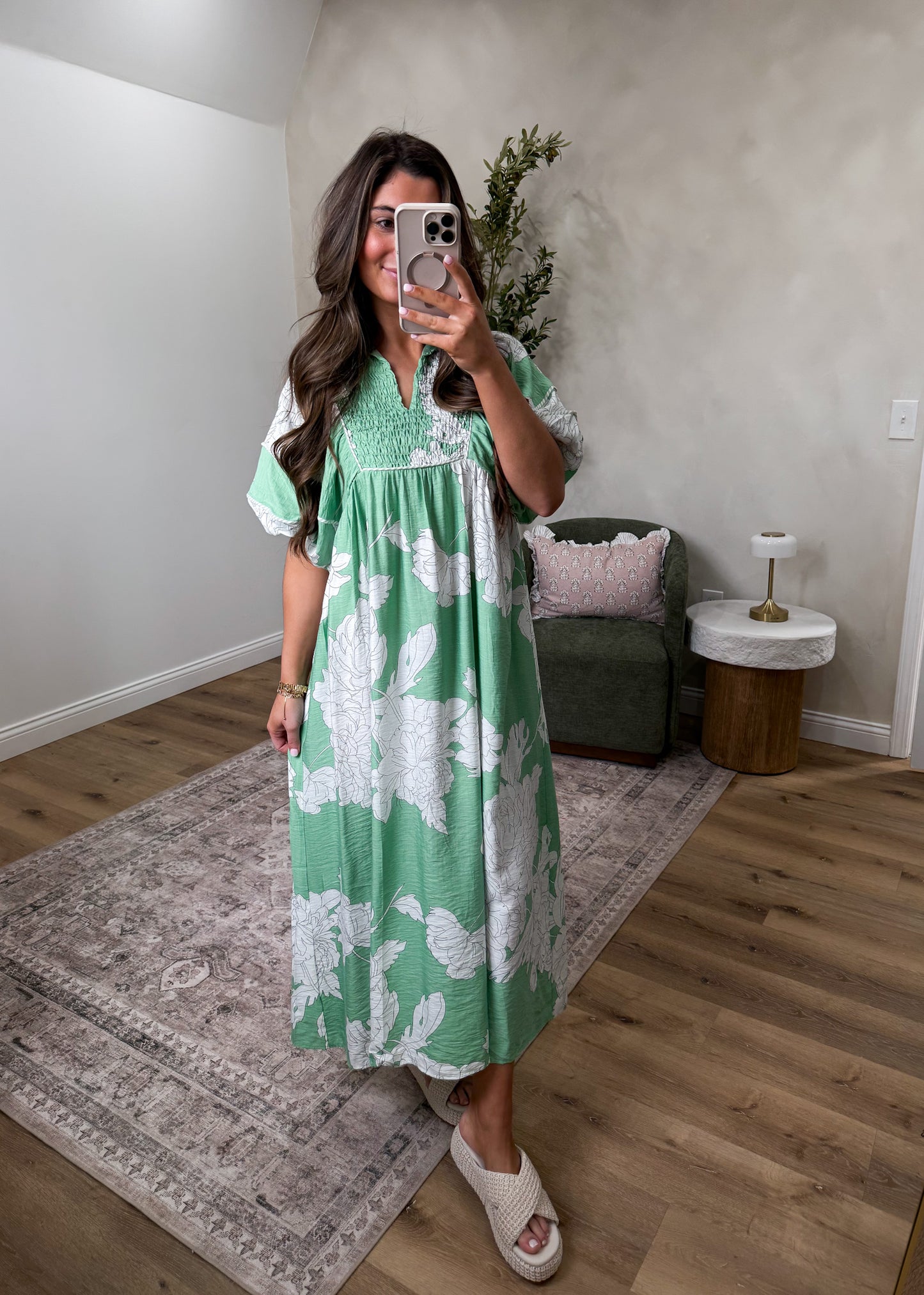 Sunshine Delight Floral Puff Sleeve Midi Dress - sage mix