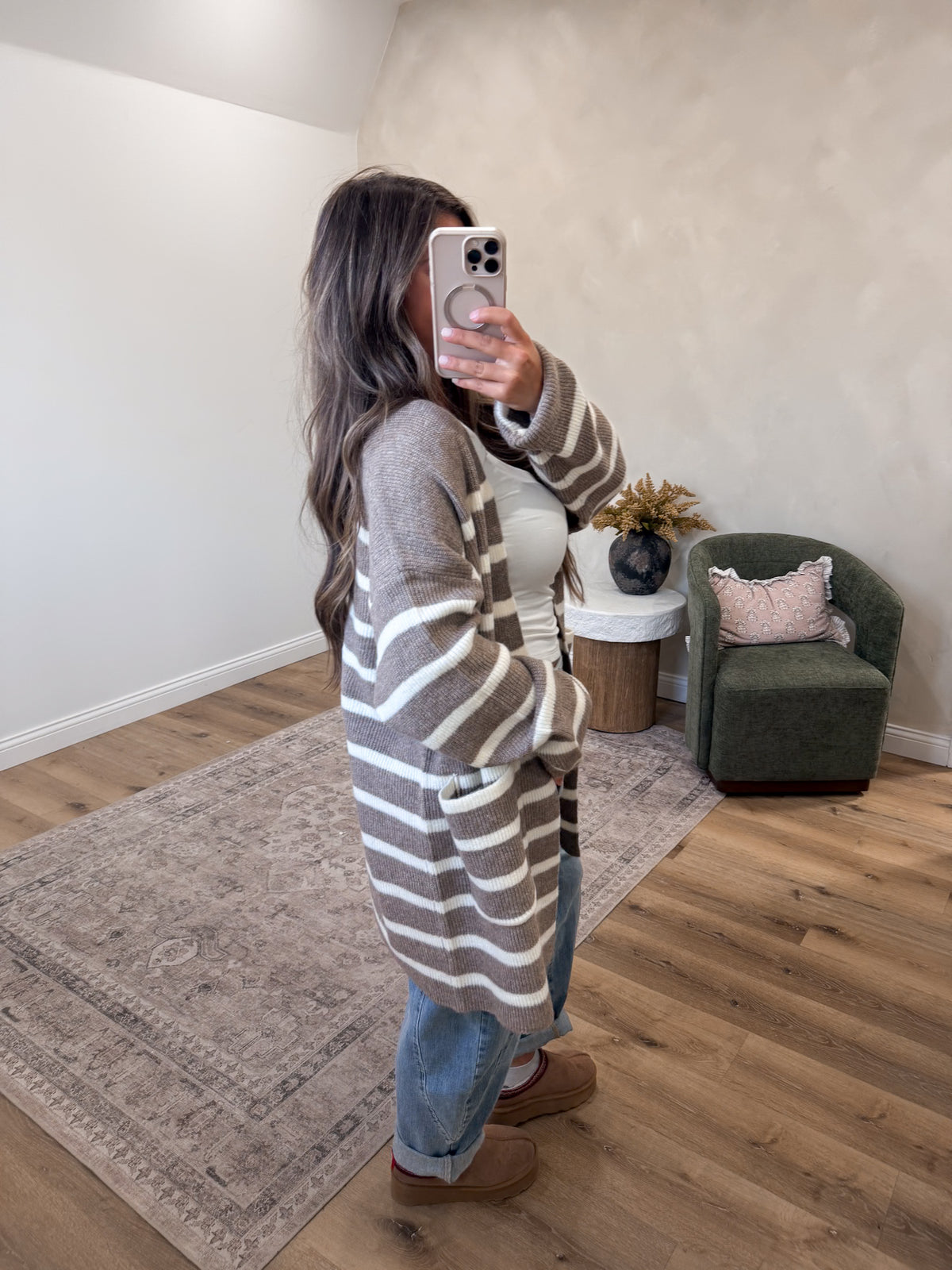 Stay In Open Front Stripe Cardigan - Dark Taupe / White Stripe