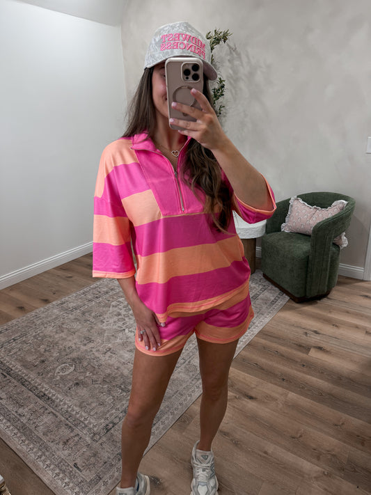 Tropical Spritz Striped Half Zip Set - pink/orange