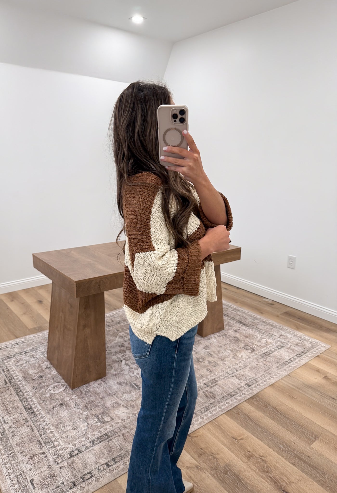 Split Neck Stripe Sweater- Camel
