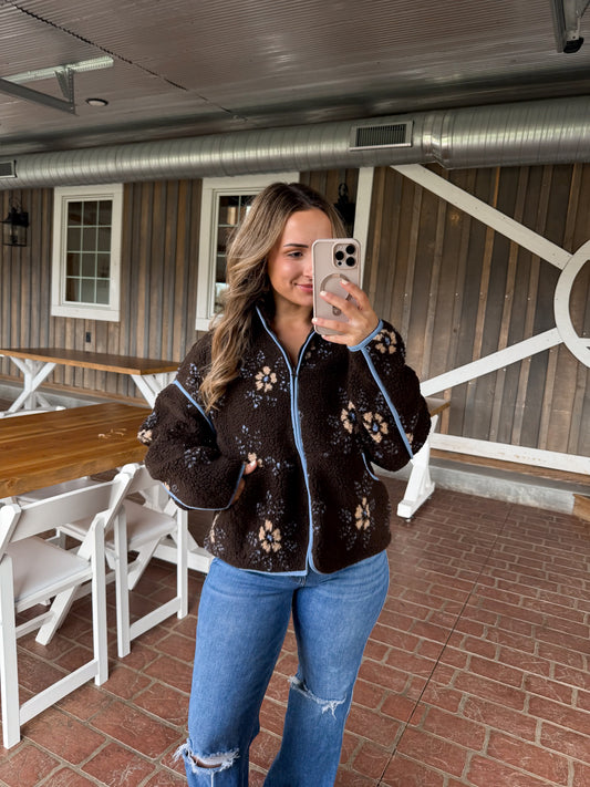 Oversized Floral Fleece Sherpa Jacket- Chocolate/Blue