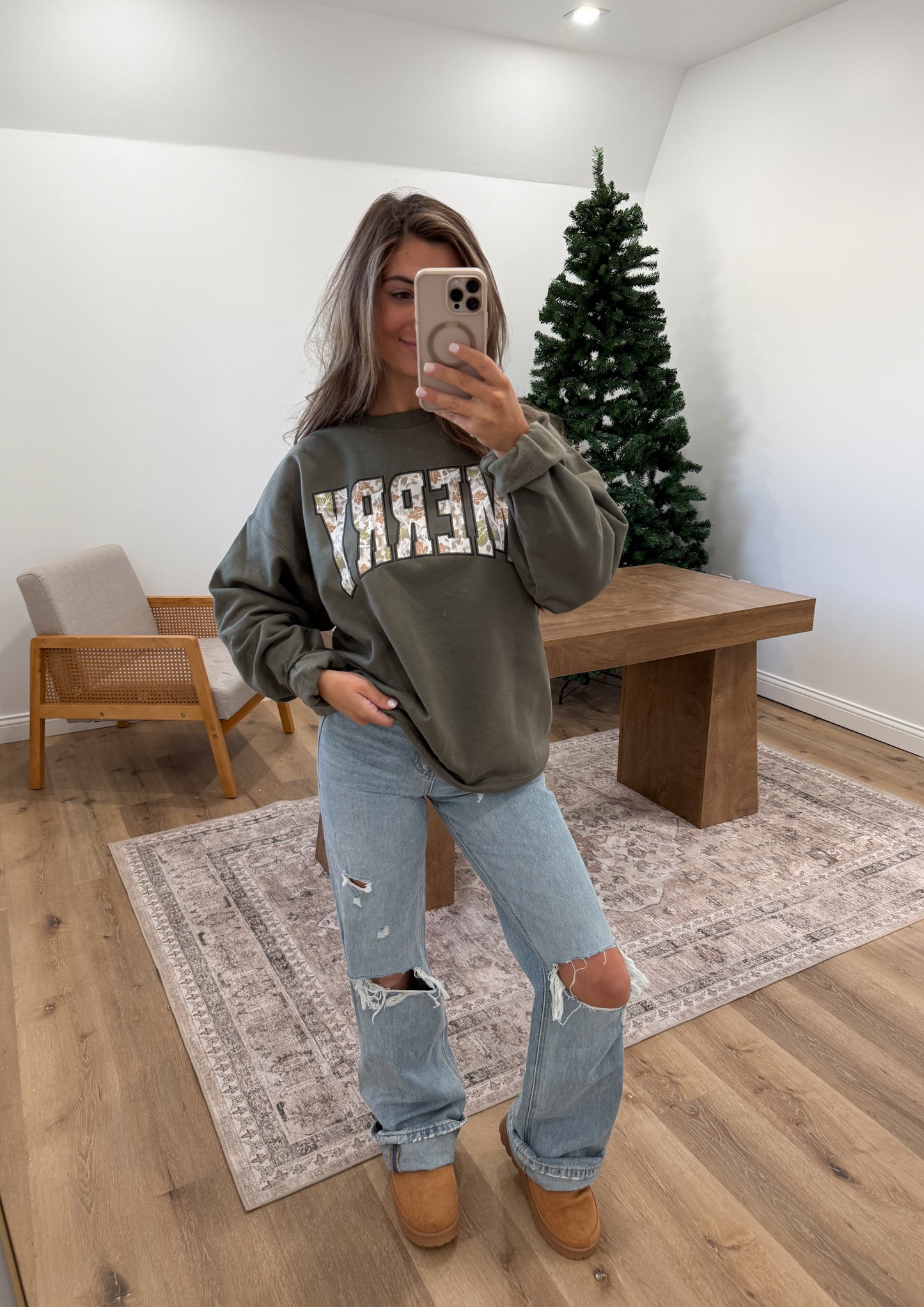 Merry White Camo Cozy Crew - Pinegreen