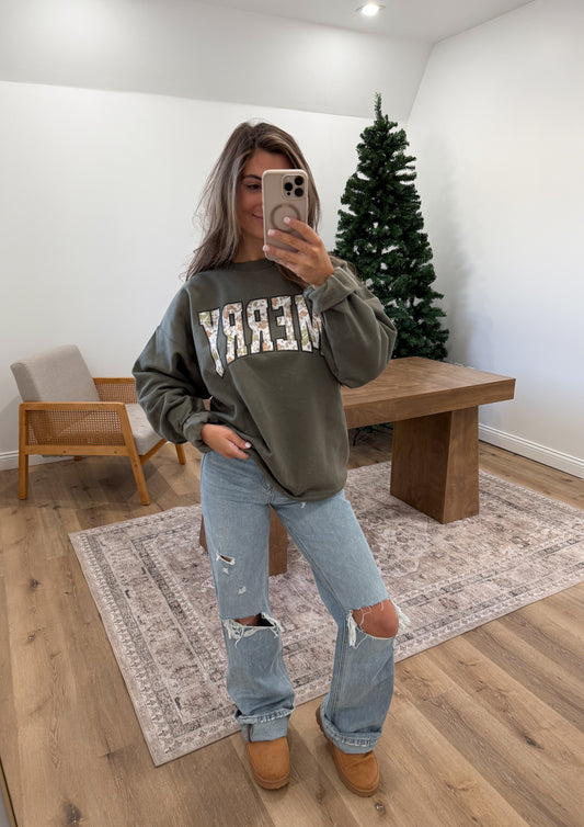 Merry White Camo Cozy Crew - Pinegreen