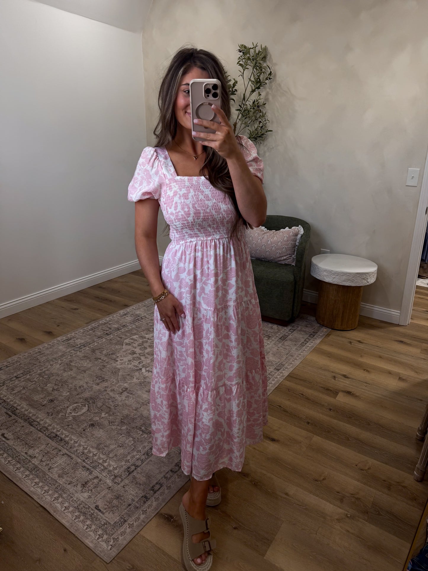 Pink Cloud Floral Smocked Tiered Midi Dress - light pink multi