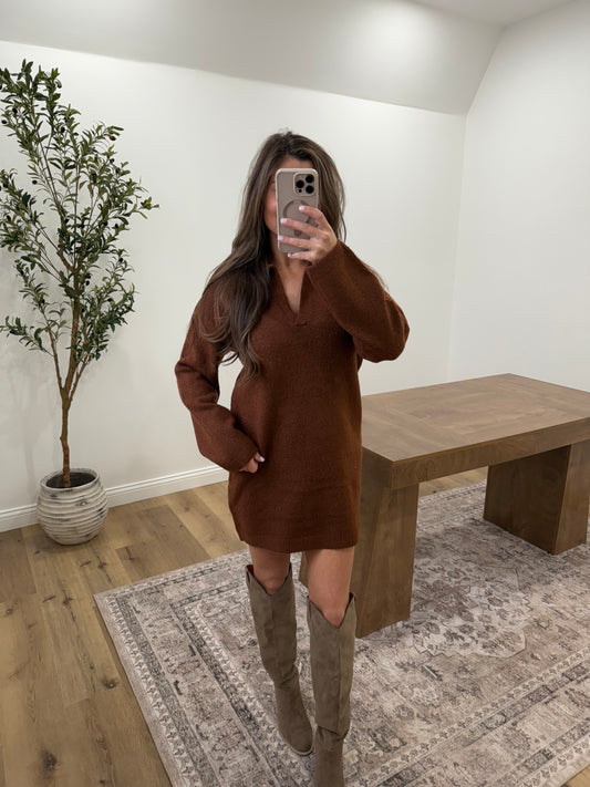 Long Sleeve Sweater Dress- Chestnut