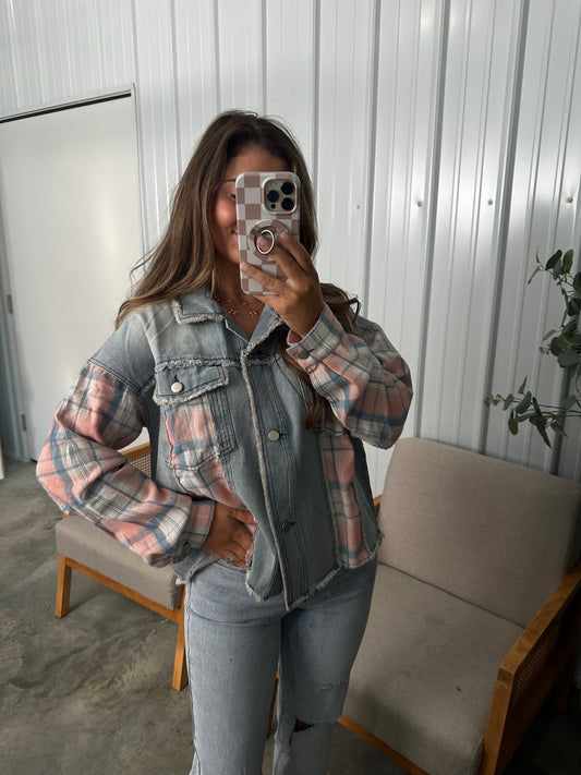 Plaid Denim Distressed Jacket - pink