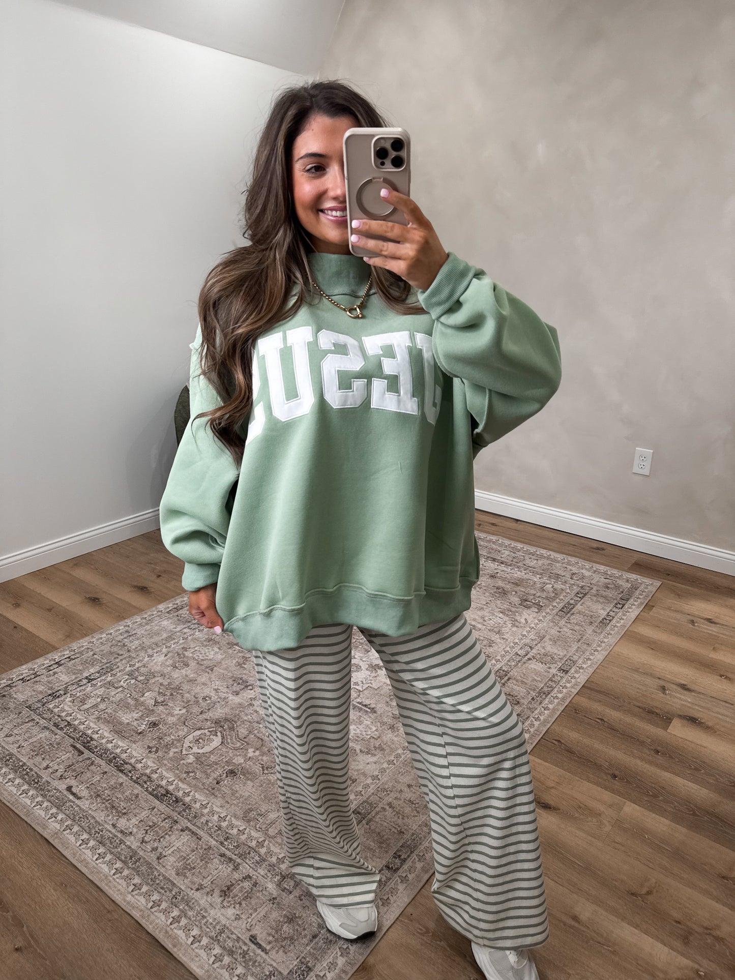 JESUS Embroidered Mock Neck - sage