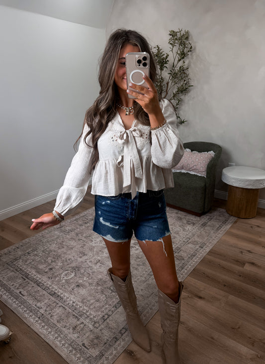 MeadowLight Floral Eyelet Embroidered Front Tie Top