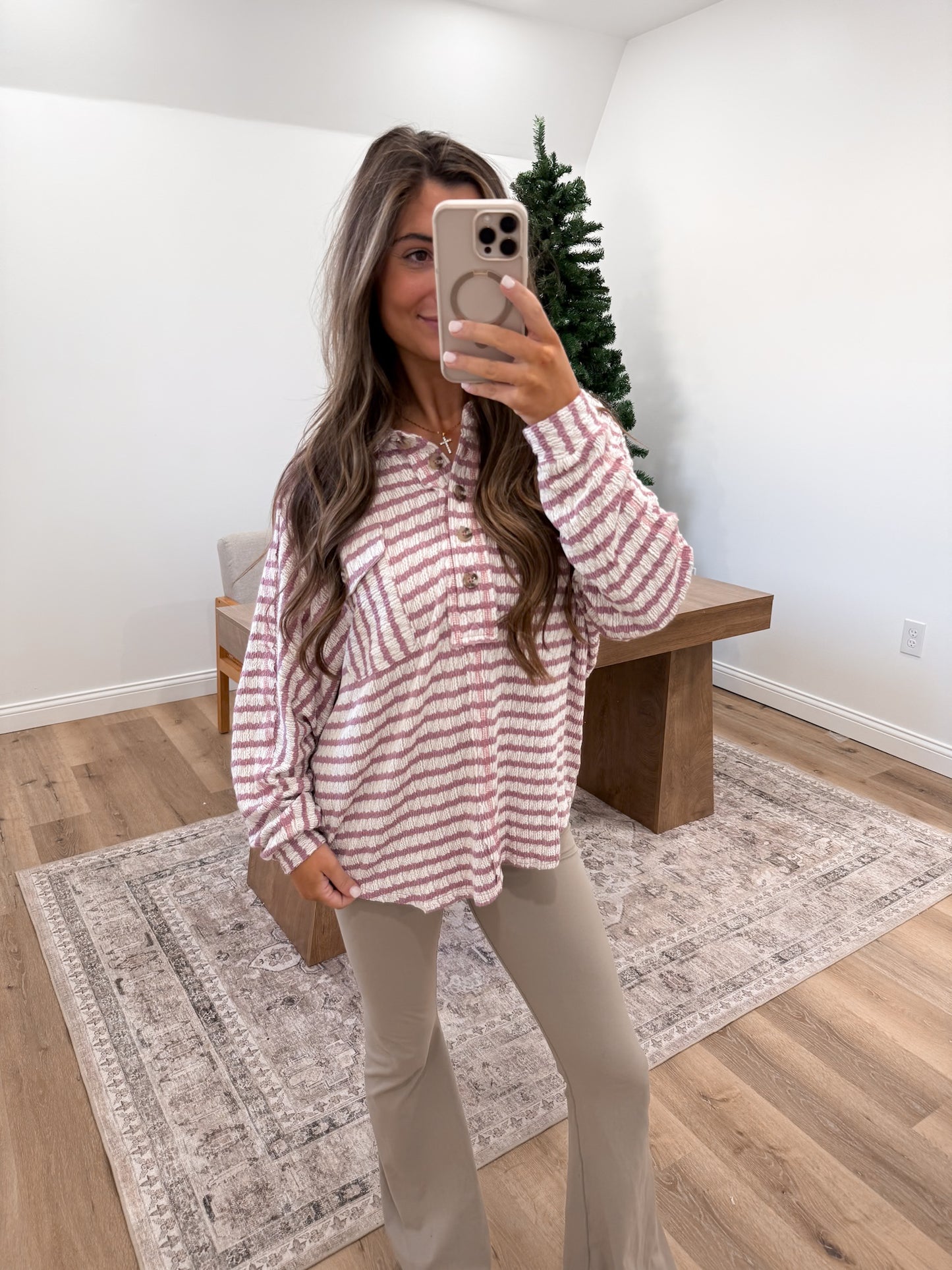 Textured Striped Collared Top- mauve