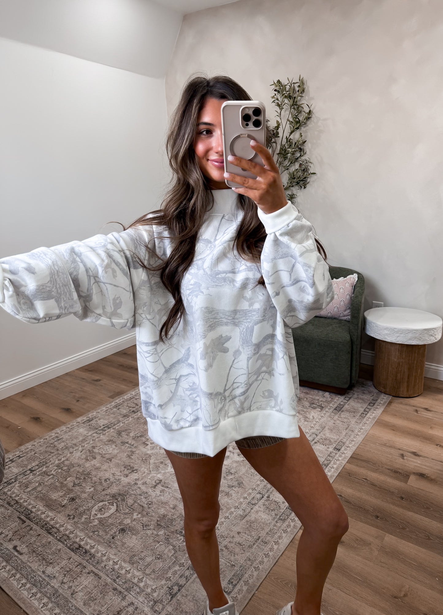 Camo Oversized Mock Neck Pullover - ivory/grey
