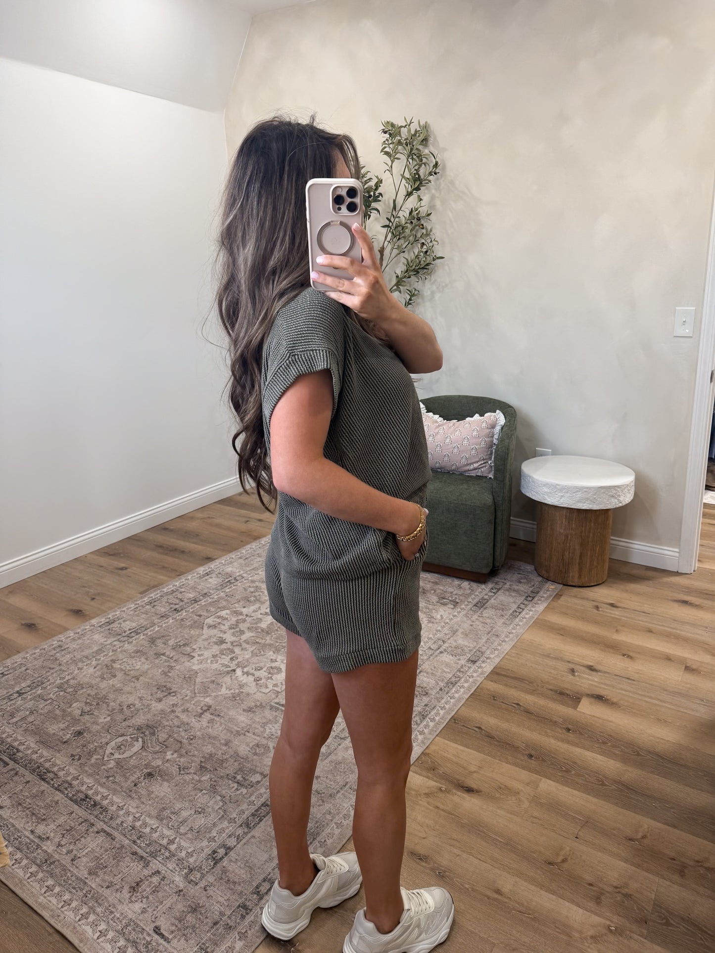 Comfort Stretch Ribbed Cap Sleeve Short Set - dark olive