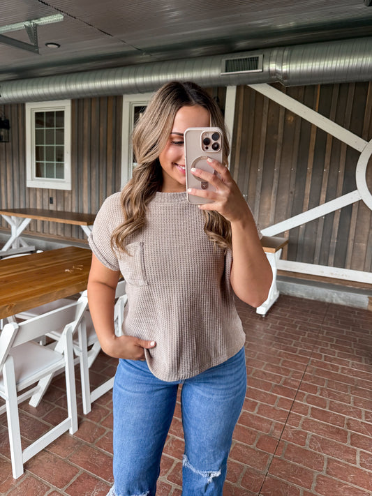 Chenille Waffle Short Sleeve Sweater- Ash Mocha DOORBUSTER