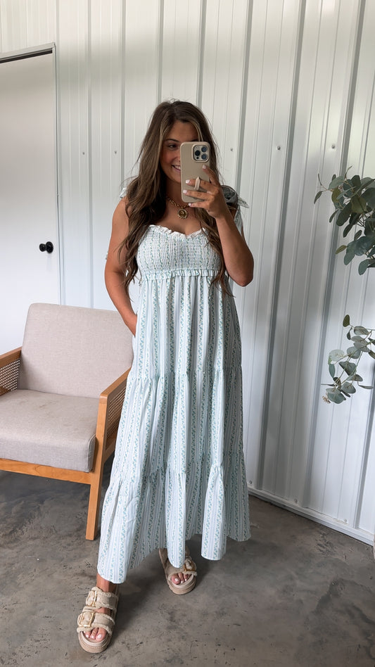 Striped Fancy Floral Maxi Dress- Blue