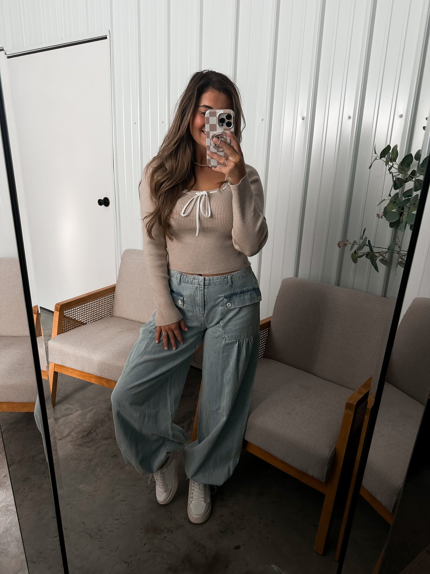 Tie Hem Wide Leg Denim Pants