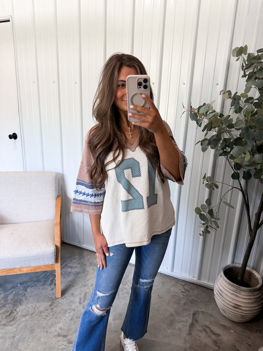 Varsity Waffle Tee- oatmeal/brown/blue