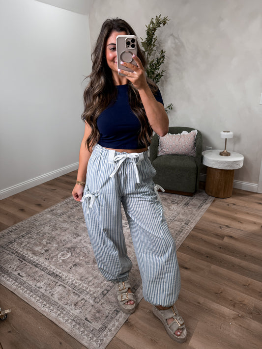 Baylynn Bow Detail Striped Pants - blue/denim