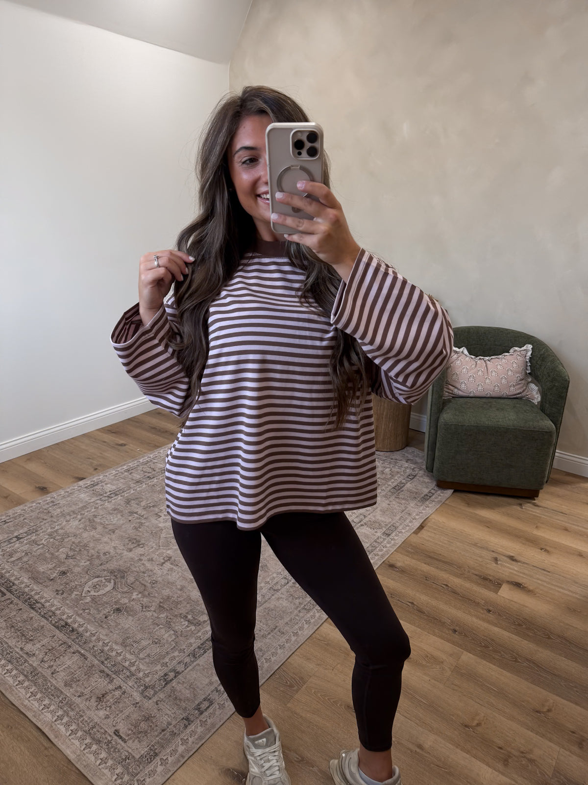 Perfect Day Oversized Stripe Long Sleeve Top - Pink/Brown
