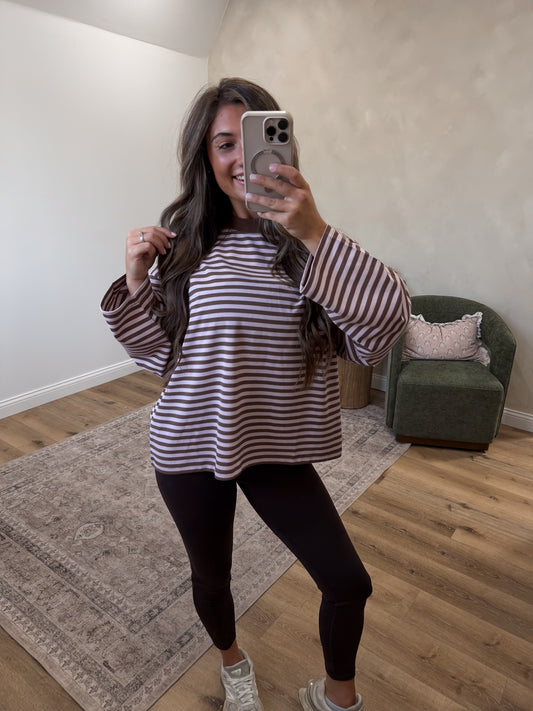 Perfect Day Oversized Stripe Long Sleeve Top - Pink/Brown