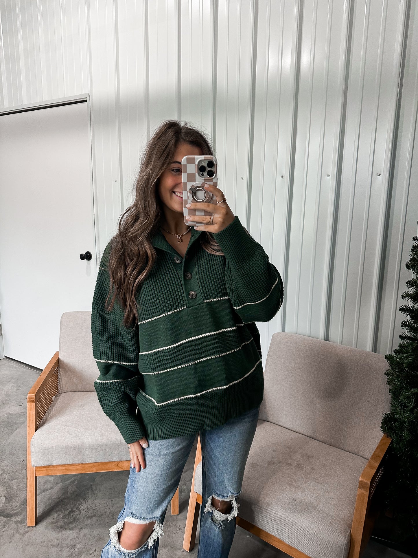 Open Collar Striped Sweater- Deep Green