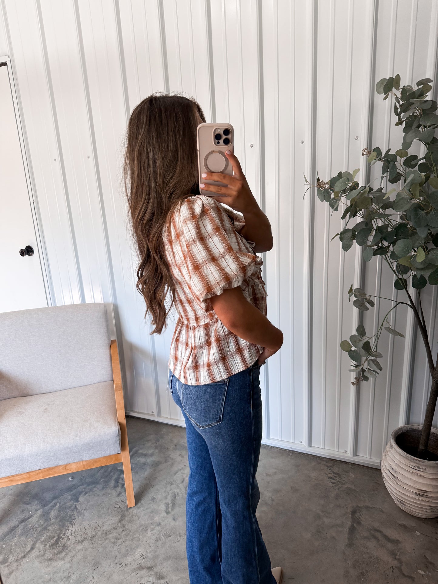 Pumpkin Pie Front Tie Blouse- brown plaid