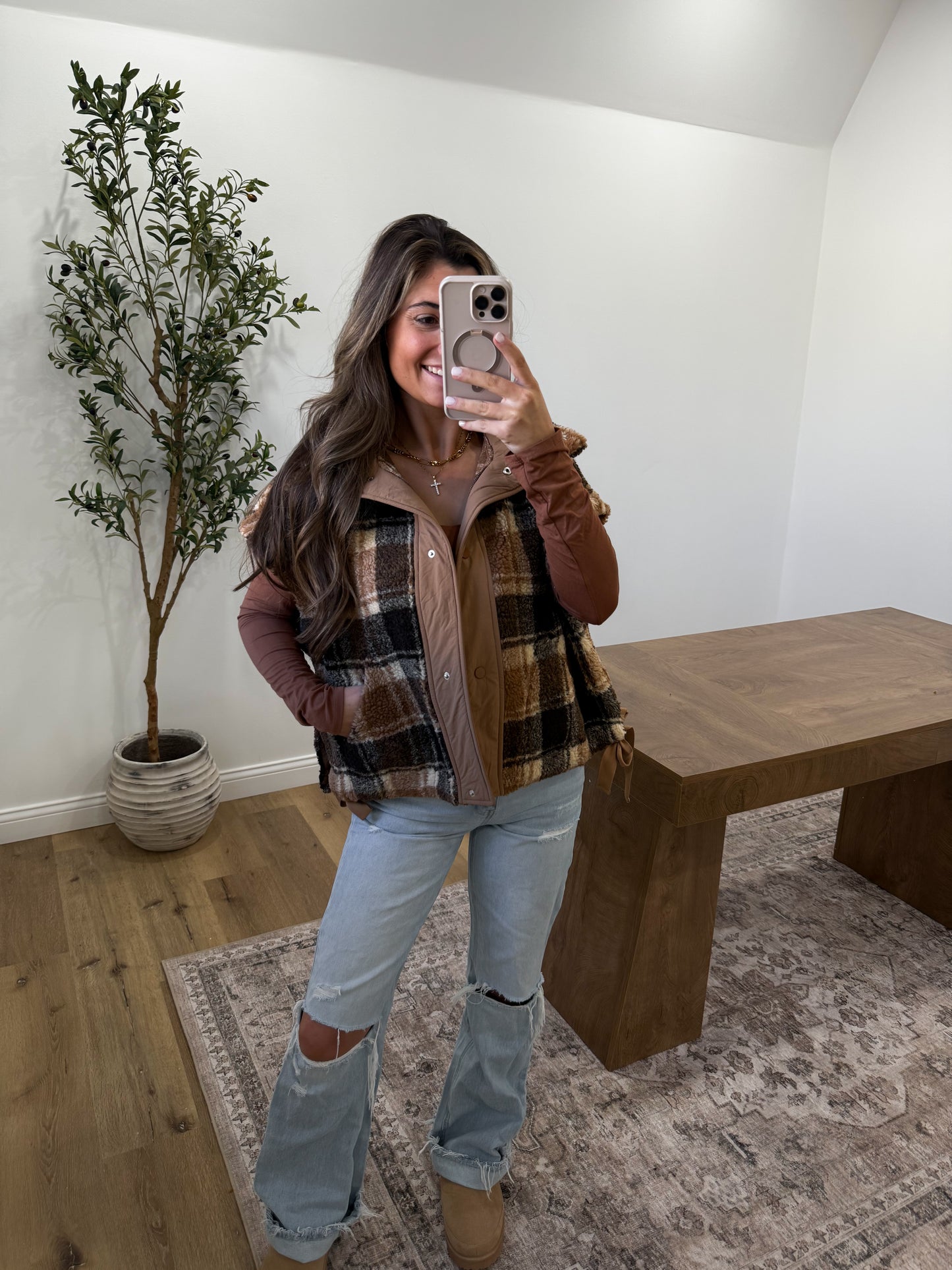 Plaid Sherpa Faux Oversized Vest- Brown